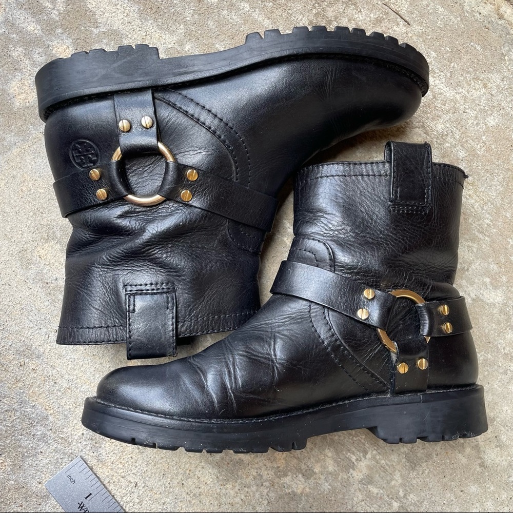 Rare Tory Burch Moto Boot Black Gold Leather Ronnie Biker Lug Sole Womens 7.5 - Picture 12 of 14